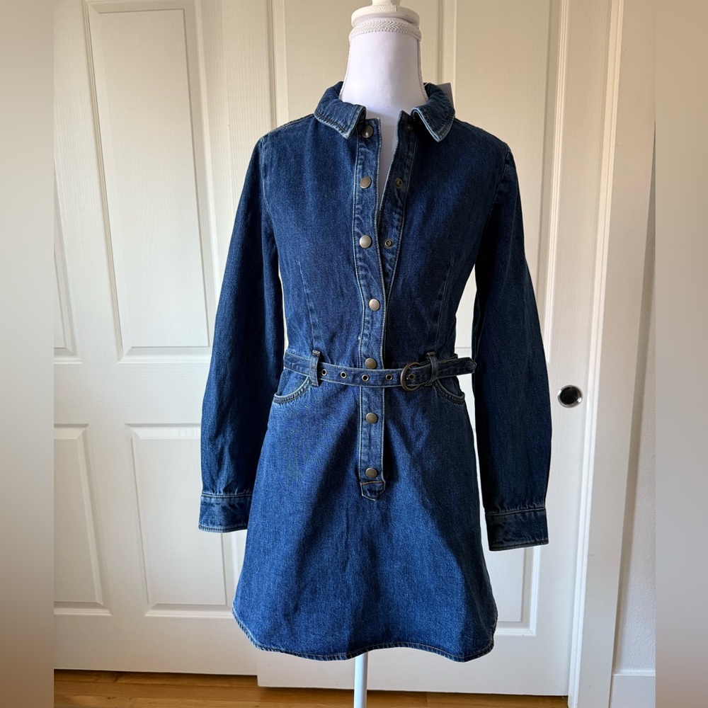 & Other Stories cotton belted denim mini dress in blue size 36 / us 4